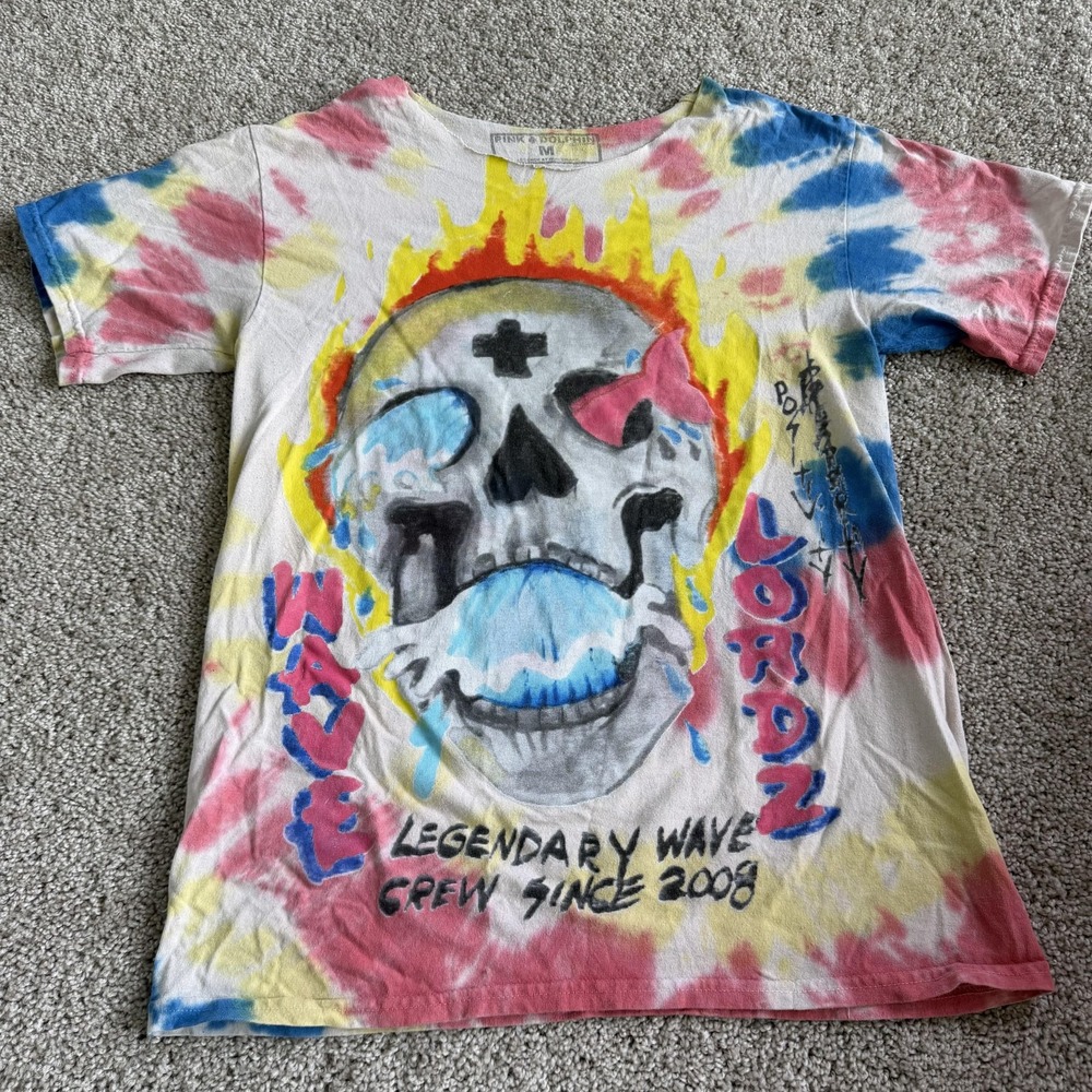 Pink Dolphin Shirt Mens Medium Multicolor Wave Lordz Skull Tie Dye Tee T-Shirt